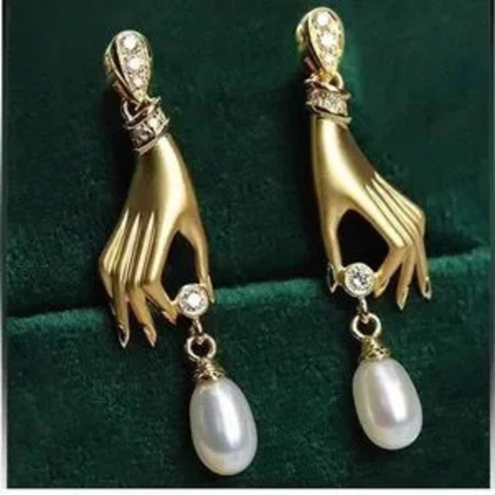 Victorian Gold Hand Motif Pearl Earrings